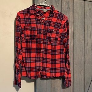 Mossimo Women’s Red and Navy Blue Plaid Shirt (Size S)